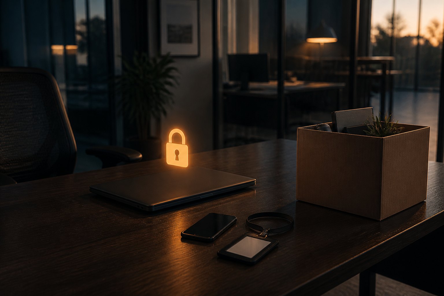 Empty desk with a locked laptop and returned company devices