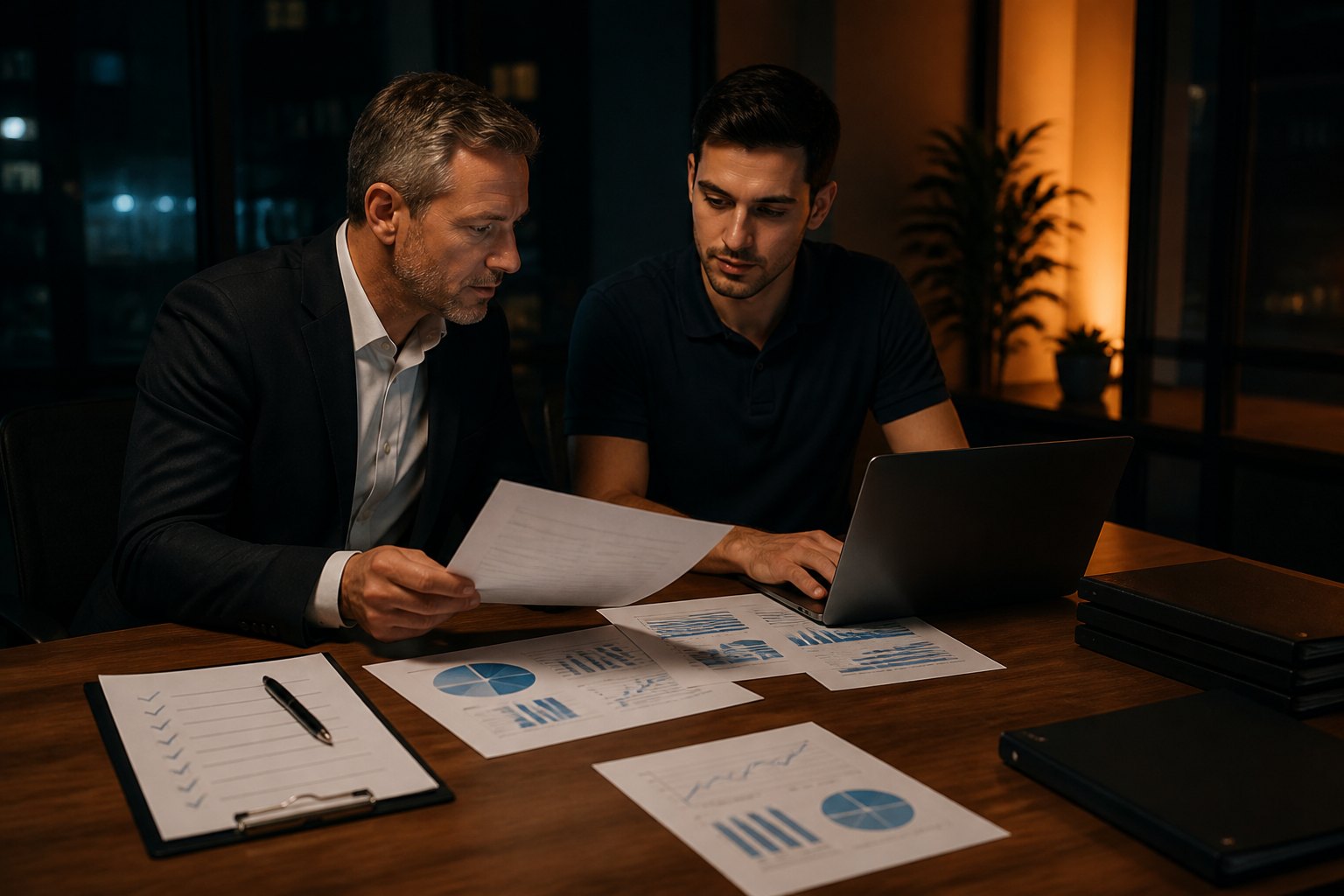 Business owner and IT technician reviewing audit reports