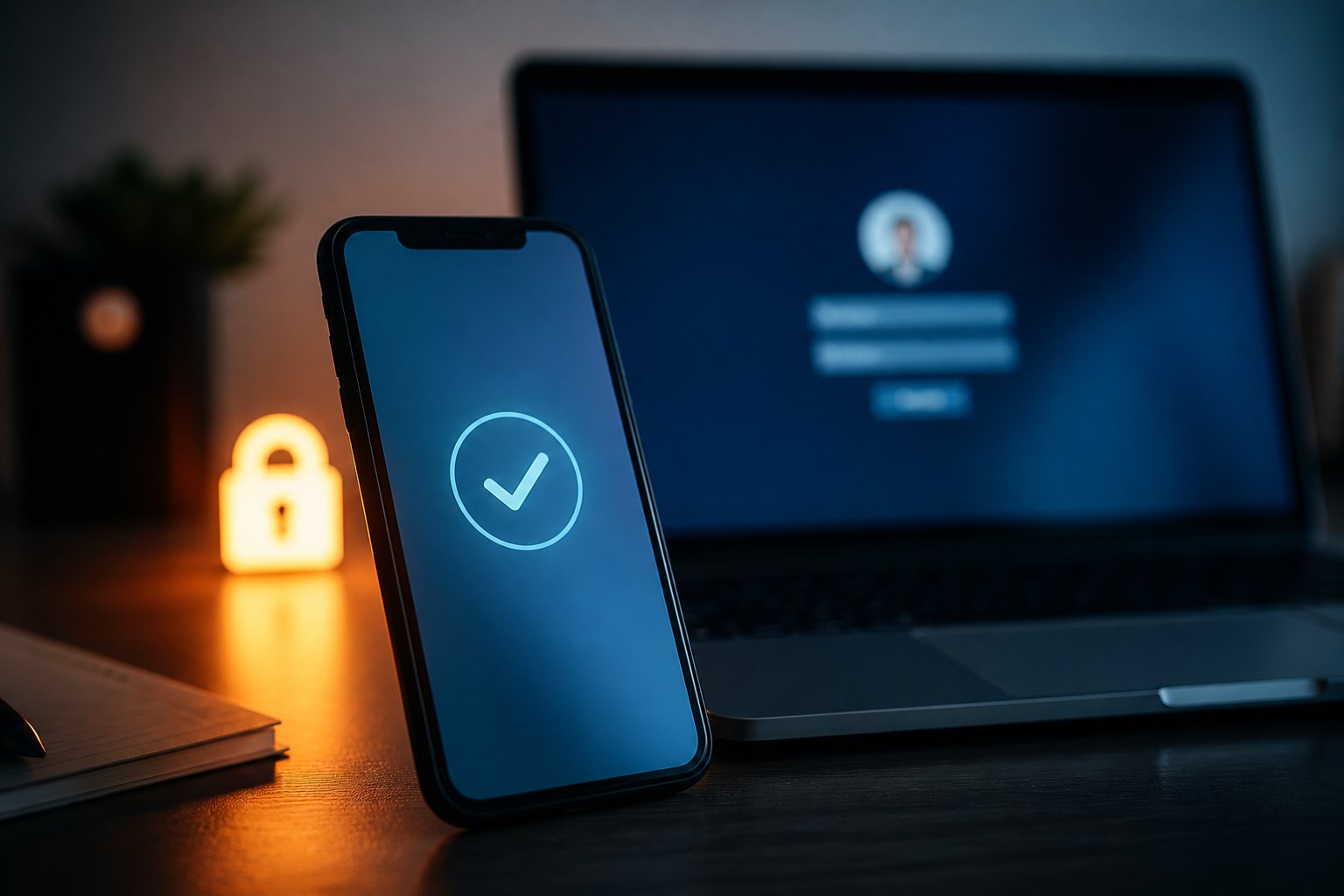 Phone showing an MFA sign-in approval next to a laptop