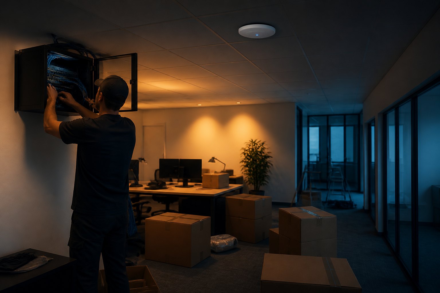 Technician installing network equipment during an office move