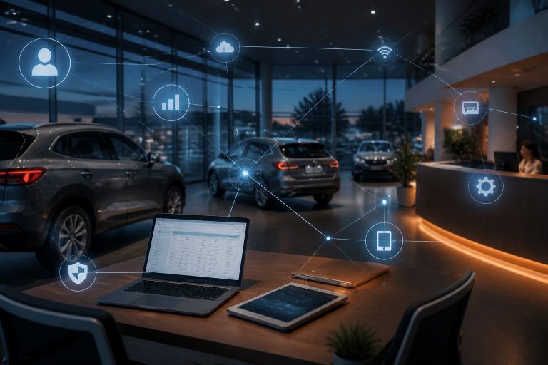Car dealership showroom with connected IT systems